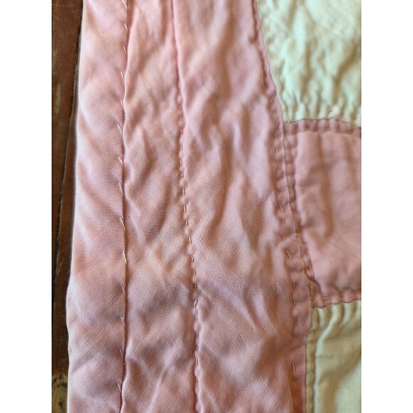 Handmade Pink White Patchwork Quilt Baby Blanket Throw 32x39 Cottagecore Prarie - Picture 6 of 7